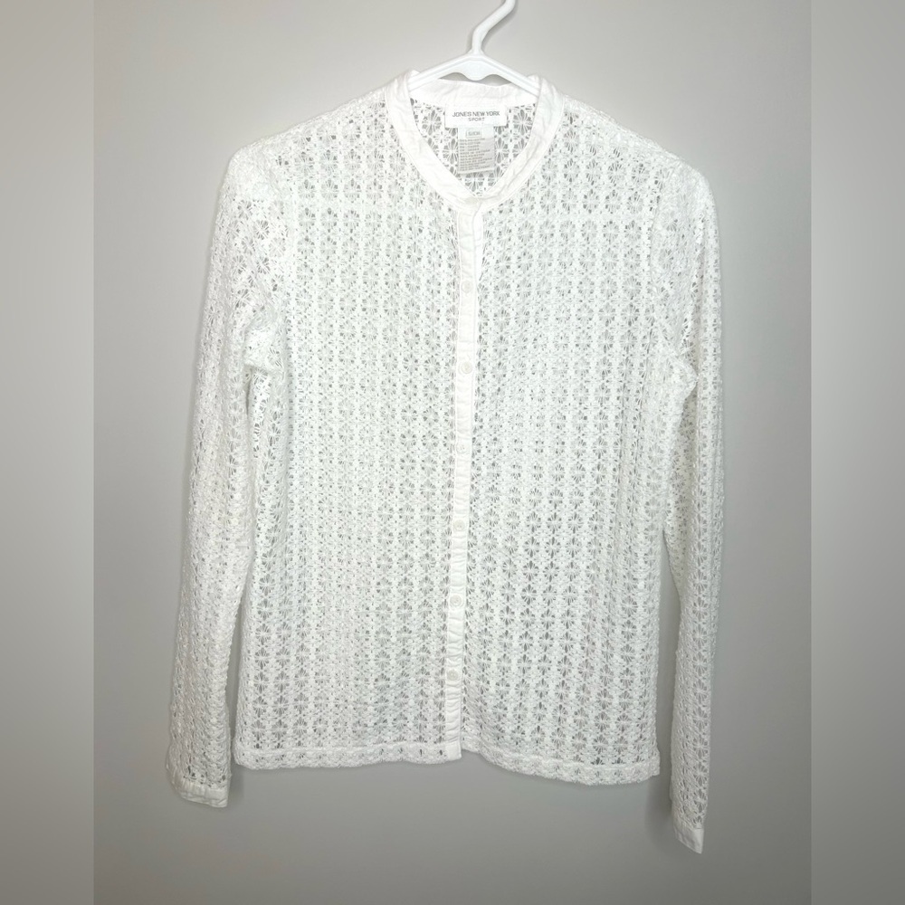 Jones New York Ivory Crochet button up top Sz S Cottagecore Layer Open Knit boho